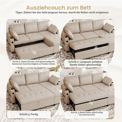 YODOLLA Ecksofa mit Bettfunktion und Stauraum, L-Form-Sofa, beige