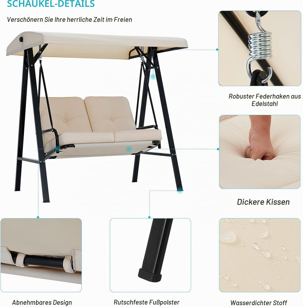 YODOLLA 2‑Sitzer Schaukelhängematte mit Sonnendach, Beige