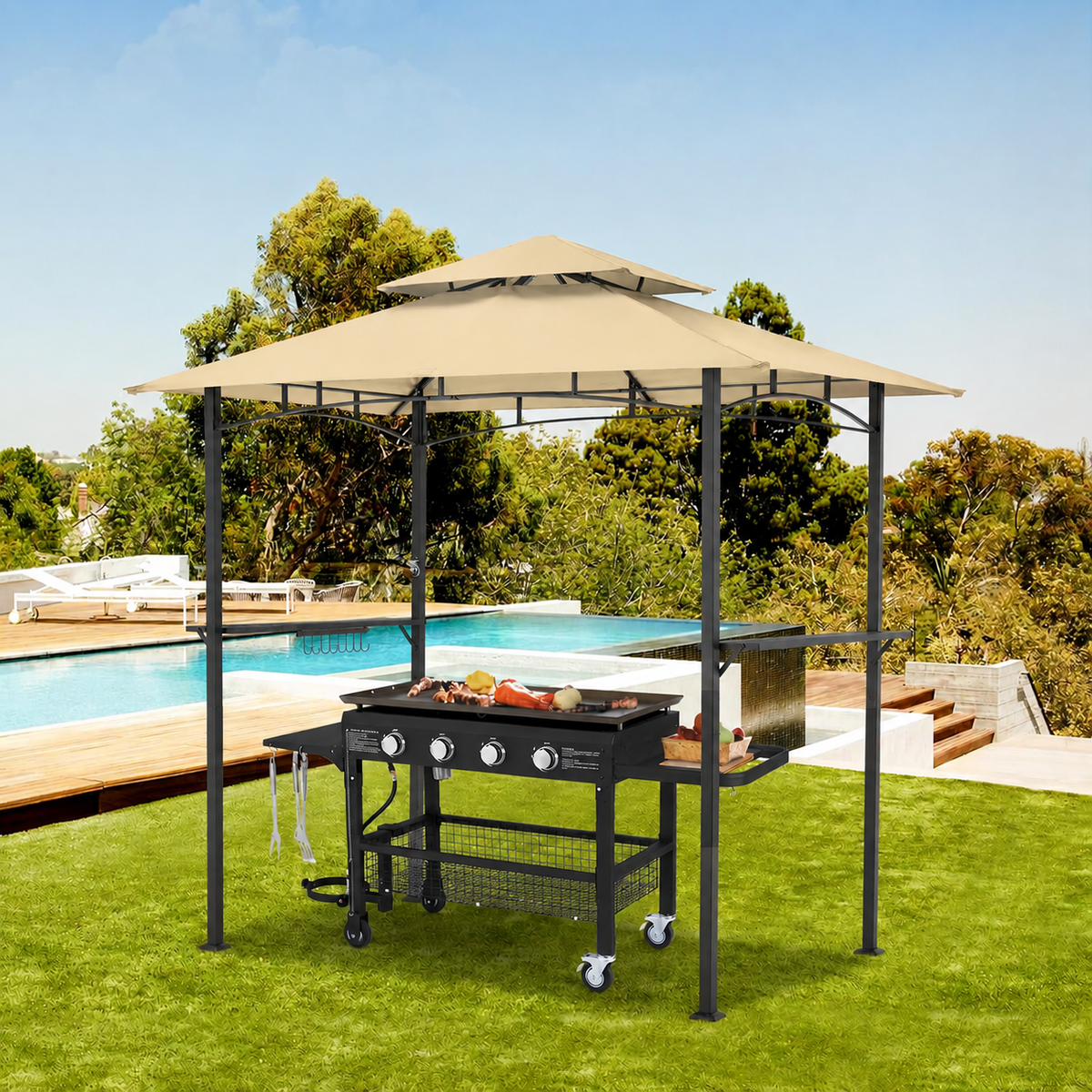 YODOLLA 8' x 5' Outdoor-Grillpavillon mit Doppeldach, Beige