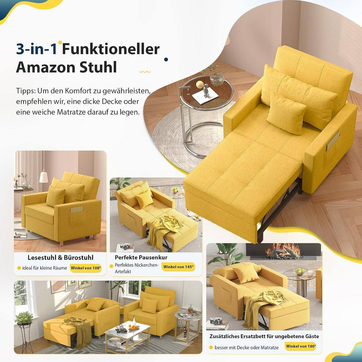 YODOLLA 36 Zoll verwandelbarer Stuhl mit Bettfunktion, Gelb