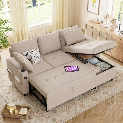 YODOLLA Ecksofa mit Bettfunktion und Stauraum, L-Form-Sofa, beige