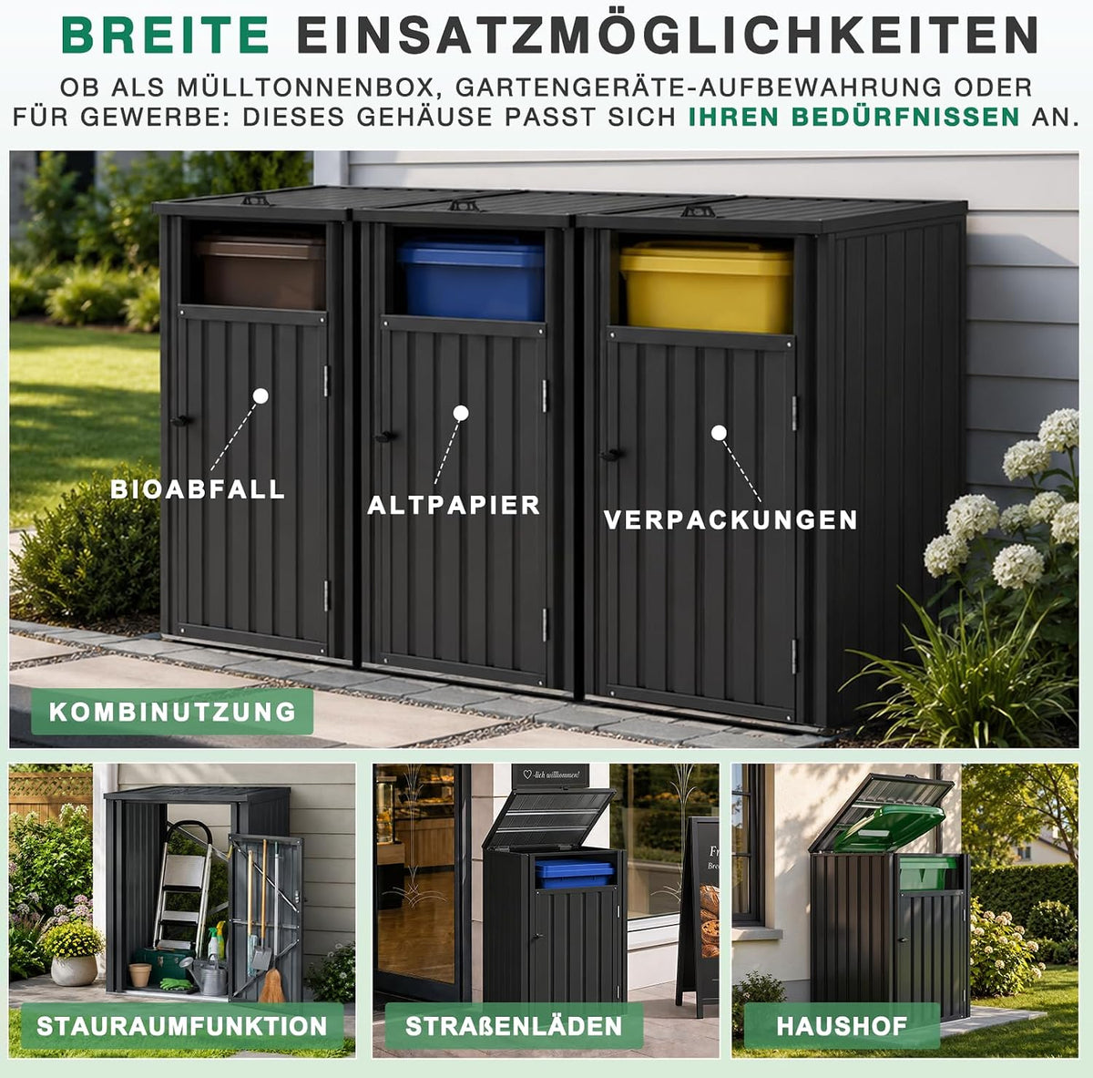 YODOLLA Mülltonnenbox, Set aus 4 abschließbaren Aufbewahrungsboxen, Dunkelgrau