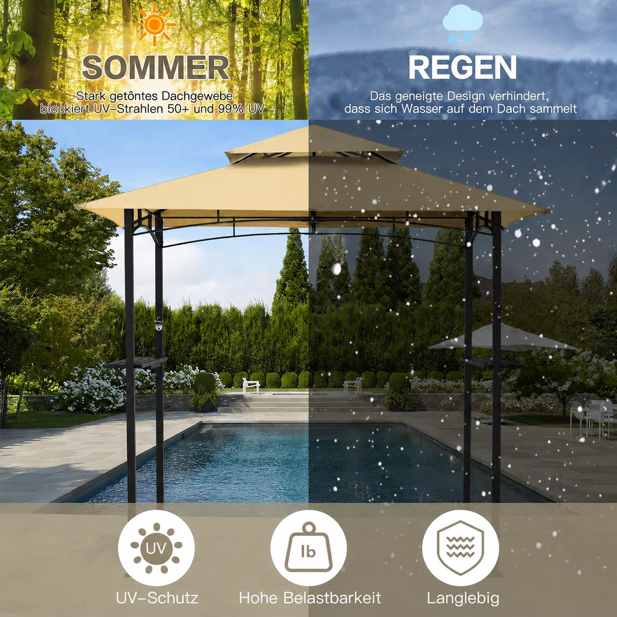 YODOLLA 8' x 5' Outdoor-Grillpavillon mit Doppeldach, Beige