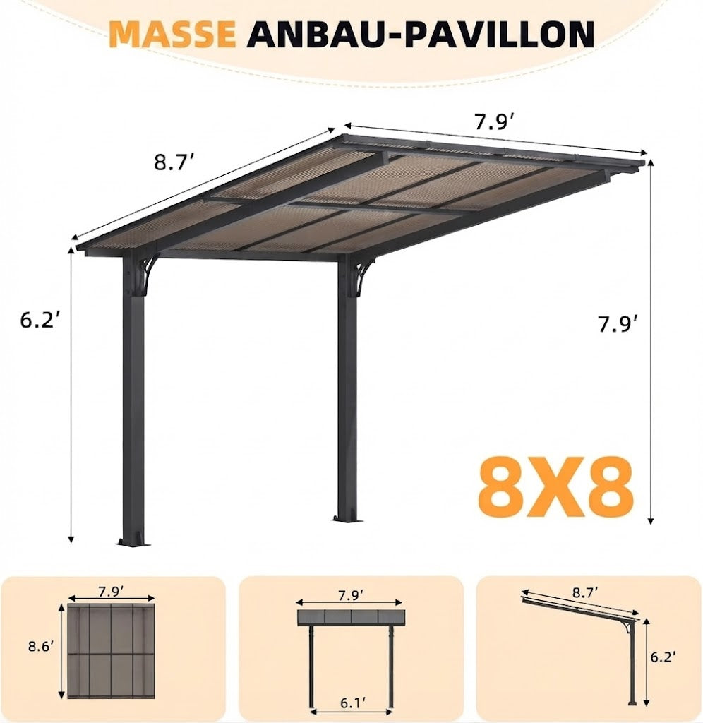YODOLLA 8' x 8' Pavillon für die Terrasse, kleiner freistehender Pultdach-Pavillon