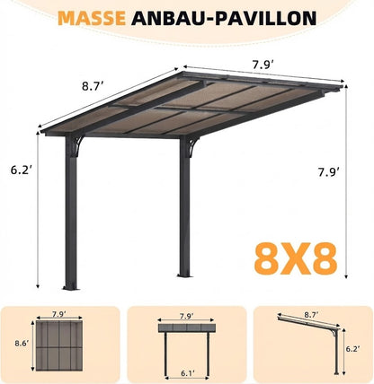 YODOLLA 8' x 8' Pavillon für die Terrasse, kleiner freistehender Pultdach-Pavillon