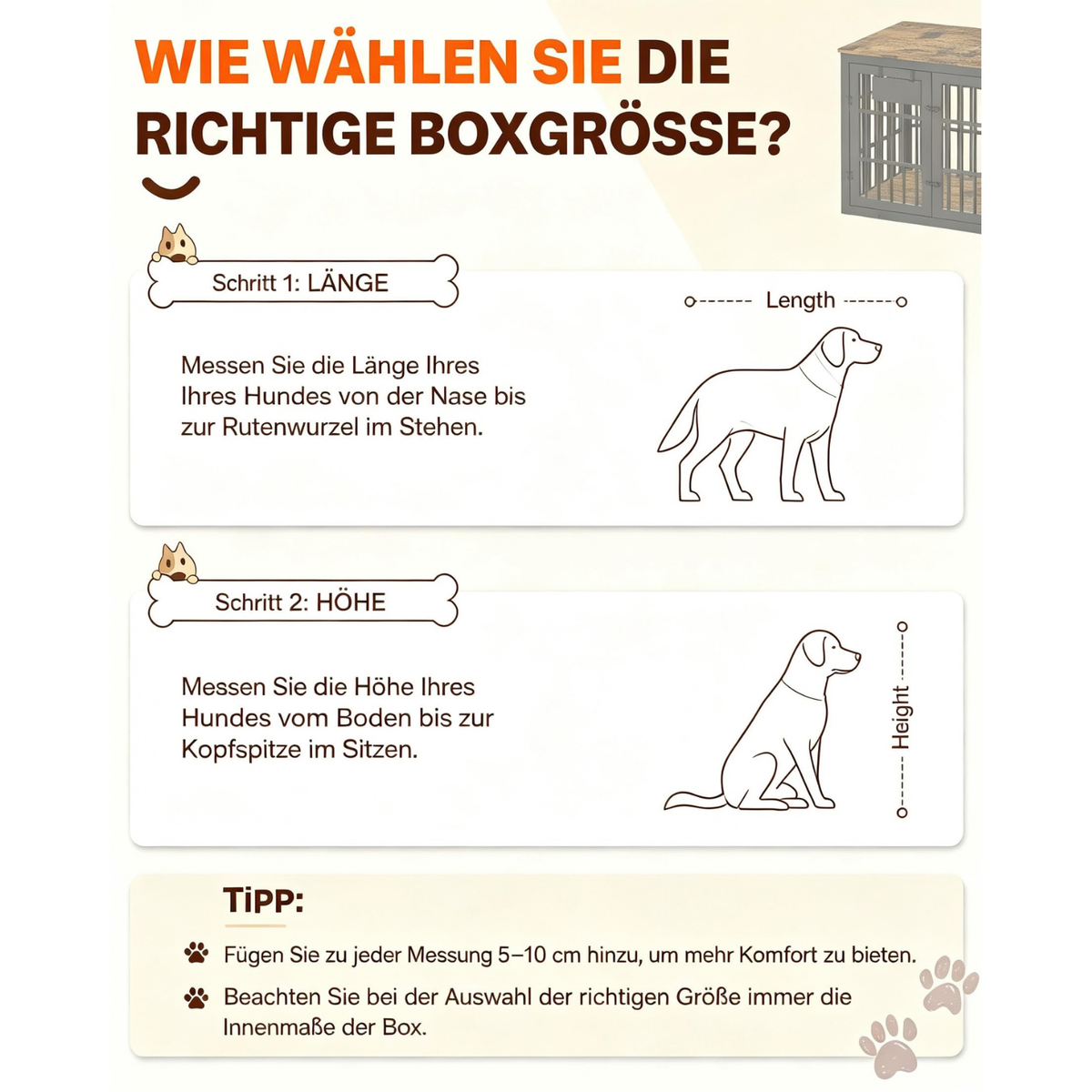 YODOLLA 83cm Hundekäfig Möbel, Hundebox mit Namensschild, 2 Türen, Braun