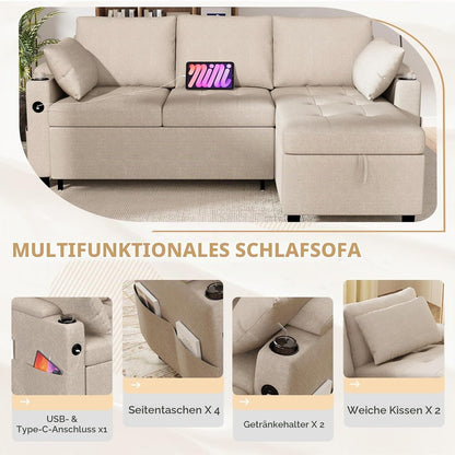 YODOLLA Ecksofa mit Bettfunktion und Stauraum, L-Form-Sofa, beige