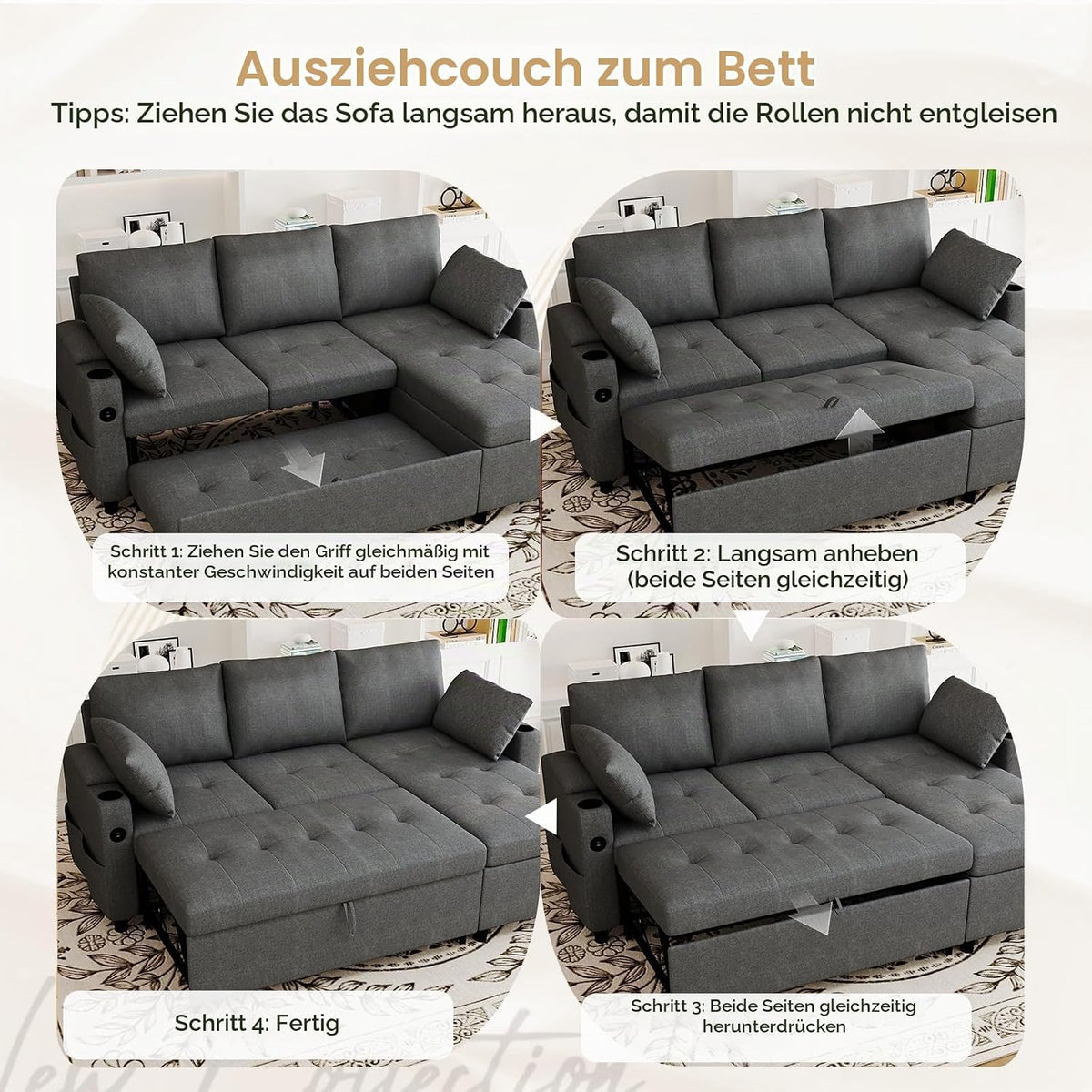 YODOLLA Ecksofa mit Bettfunktion und Stauraum, L-Form-Sofa, Dunkelgrau