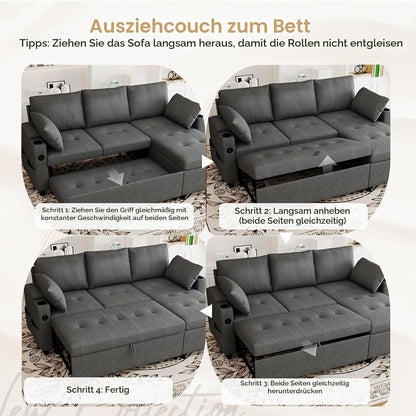 YODOLLA Ecksofa mit Bettfunktion und Stauraum, L-Form-Sofa, Dunkelgrau