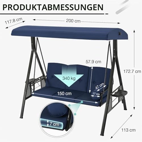 YODOLLA 3‑Sitzer Gartenschaukel mit Sonnendach & Polstern, Blau