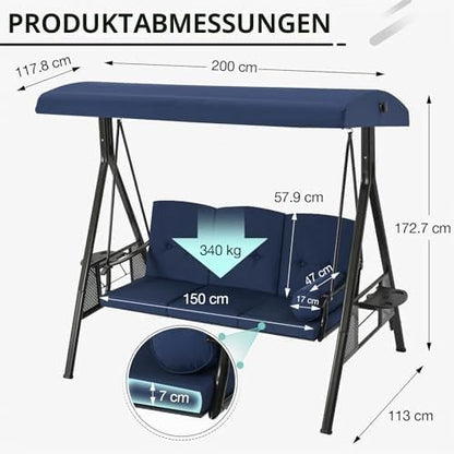 YODOLLA 3‑Sitzer Gartenschaukel mit Sonnendach & Polstern, Blau