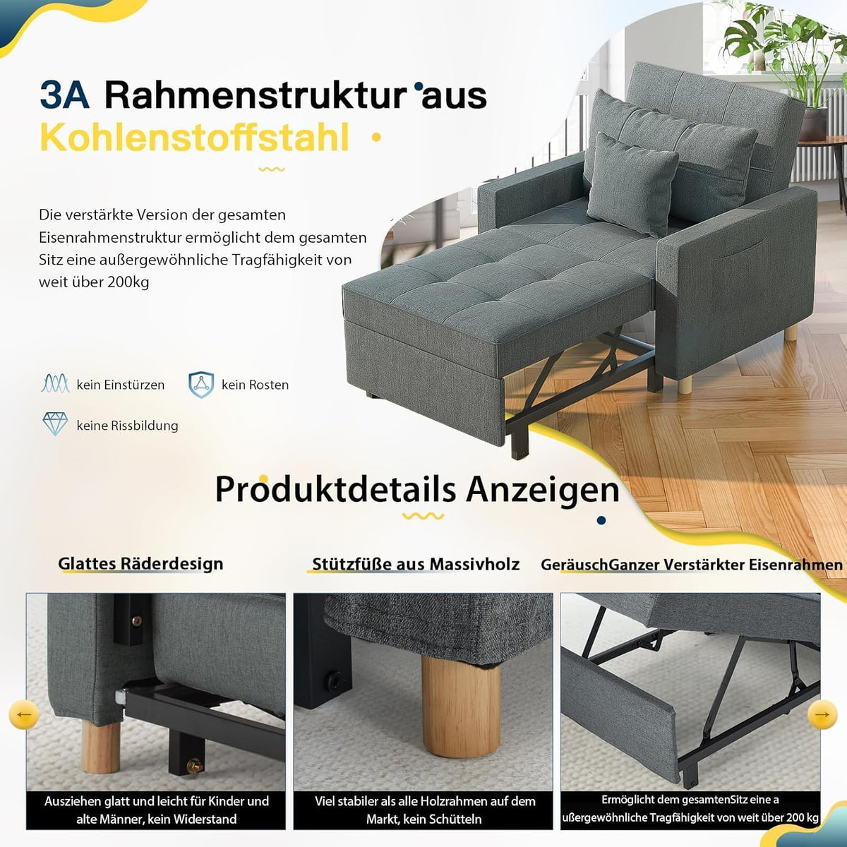 YODOLLA 36 Zoll verwandelbarer Stuhl mit Bettfunktion, Dunkelgrau