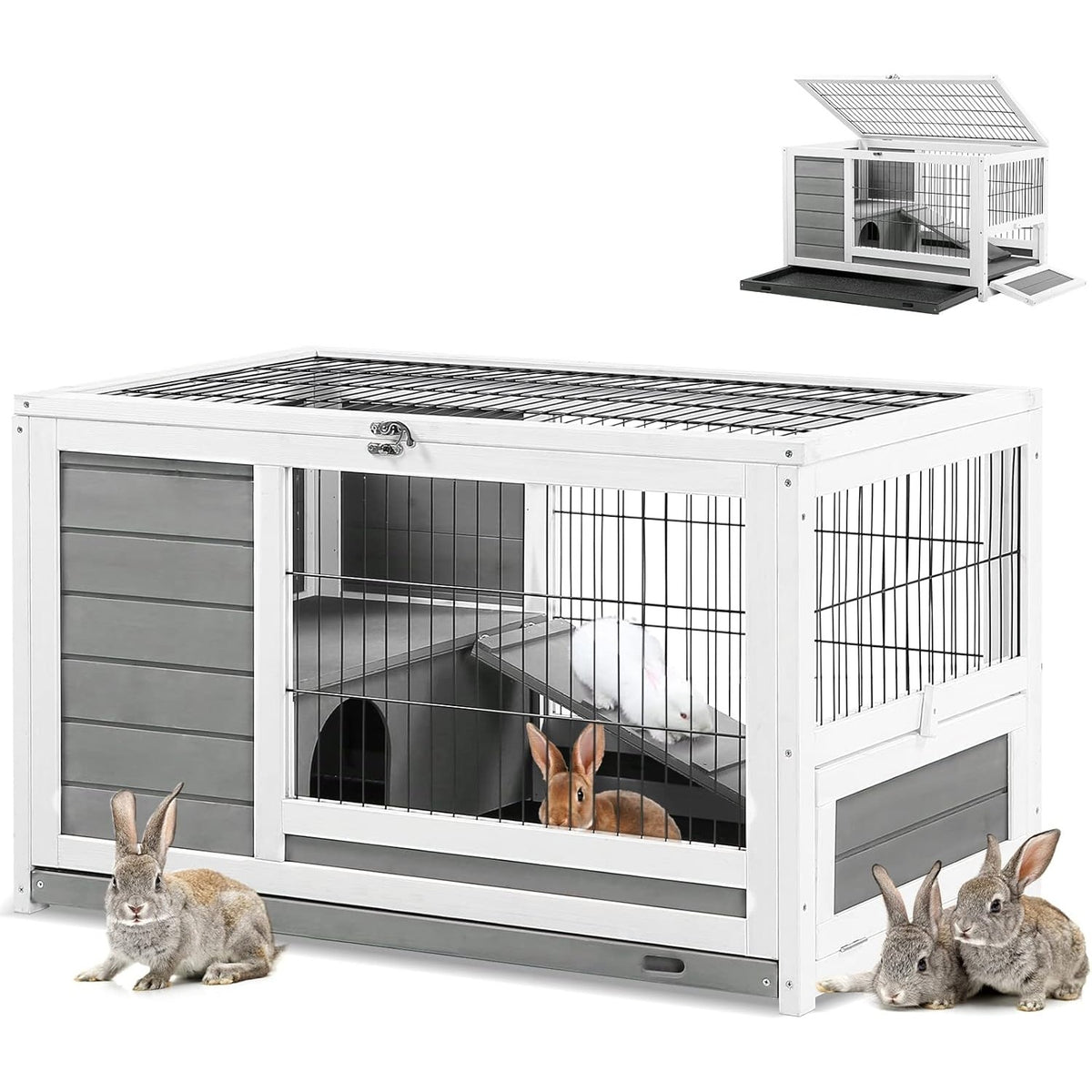 YODOLLA Kaninchenkäfig mit Tierhaus für Kleintiere, 35,4 Zoll, Grau