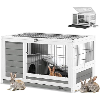 YODOLLA Kaninchenkäfig mit Tierhaus für Kleintiere, 35,4 Zoll, Grau
