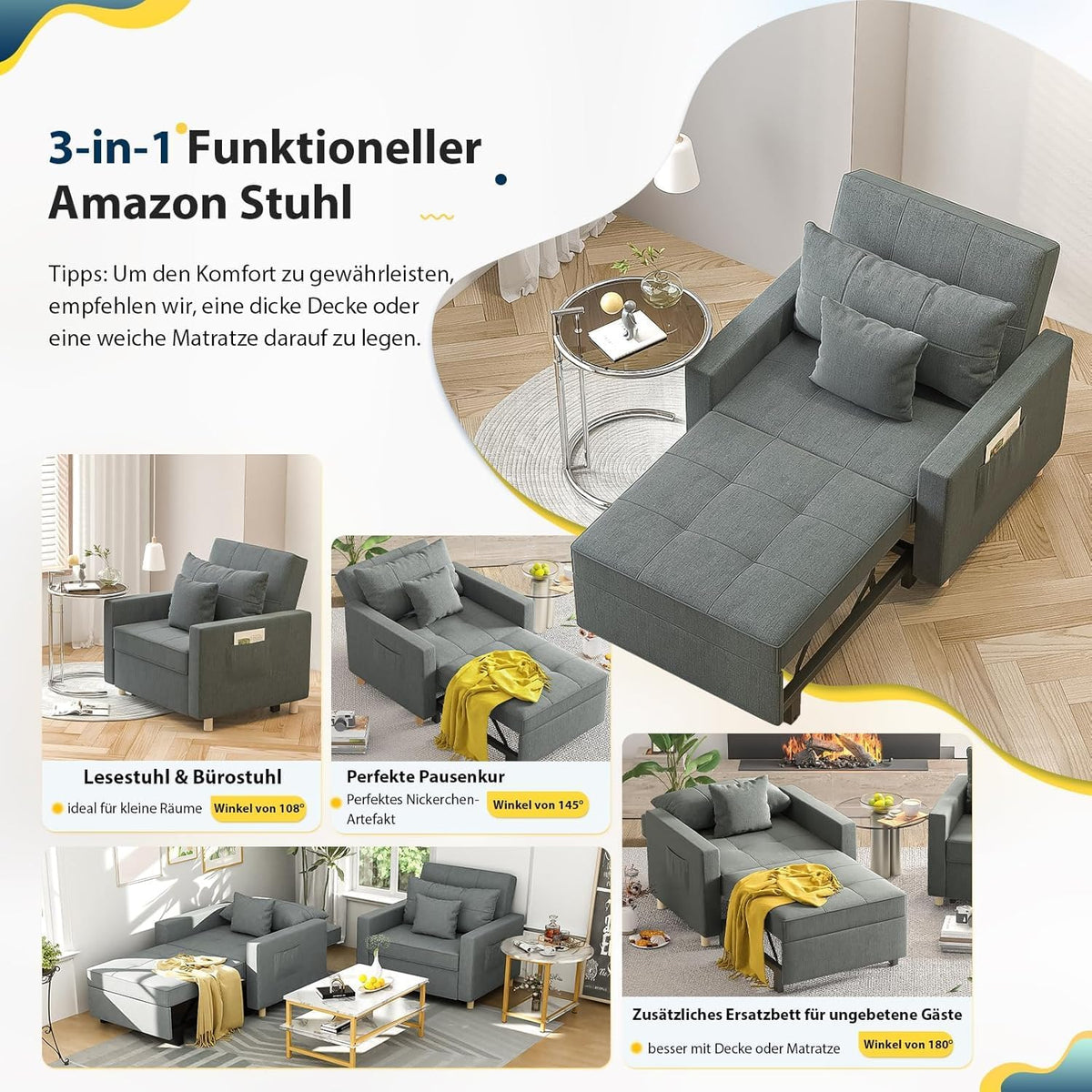 YODOLLA 36 Zoll verwandelbarer Stuhl mit Bettfunktion, Dunkelgrau