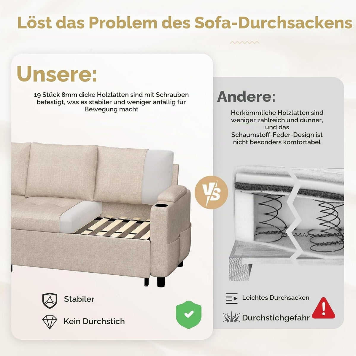 YODOLLA Ecksofa mit Bettfunktion und Stauraum, L-Form-Sofa, beige