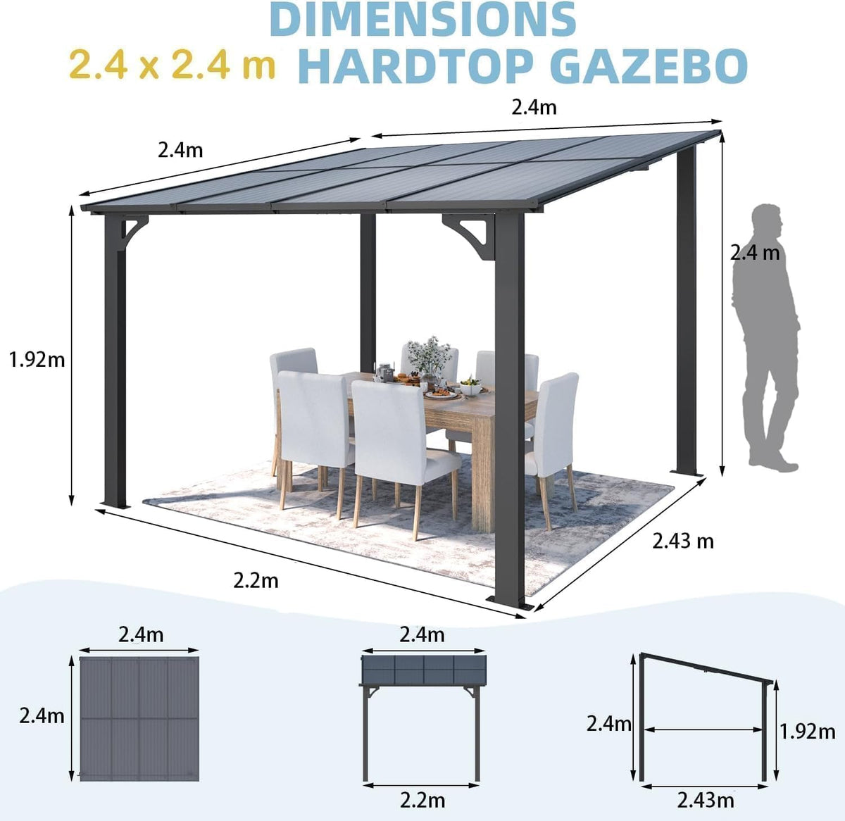 YODOLLA 2,4 x 2,4 m Terrassenüberdachung für Garten, Schwarz