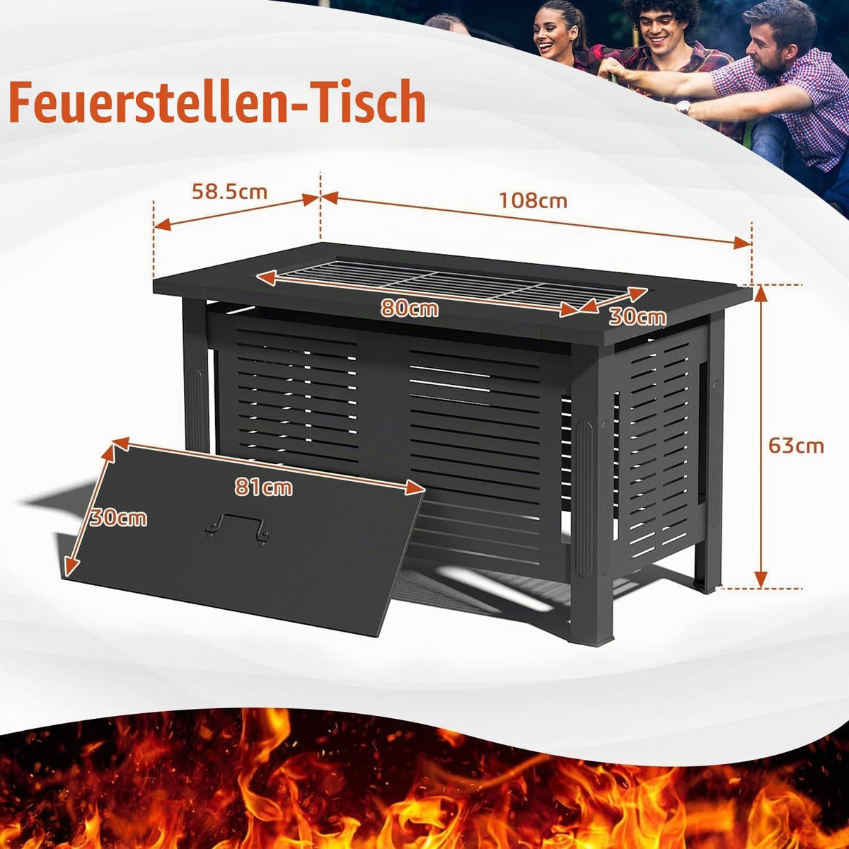 YODOLLA 43 Zoll Metall-Feuerkorb-Tisch für den Außenbereich mit wasserdichter Abdeckung