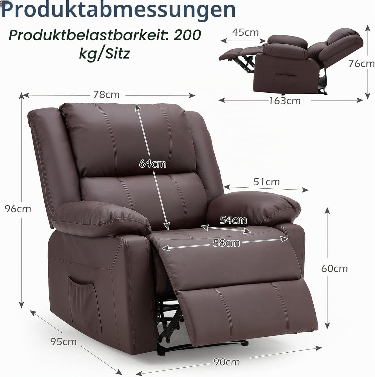 YODOLLA Relaxsessel, Ergonomisches Fernsehsessel mit Liegefunktion, Braun