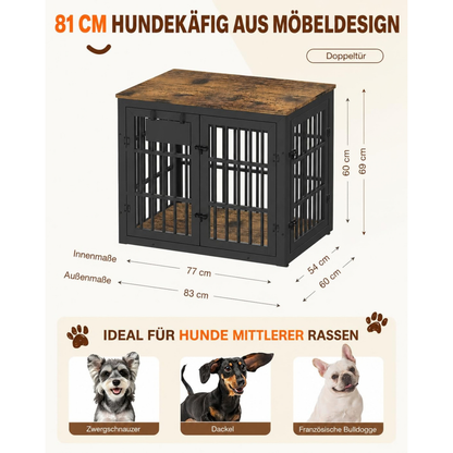 YODOLLA 83cm Hundekäfig Möbel, Hundebox mit Namensschild, 2 Türen, Braun