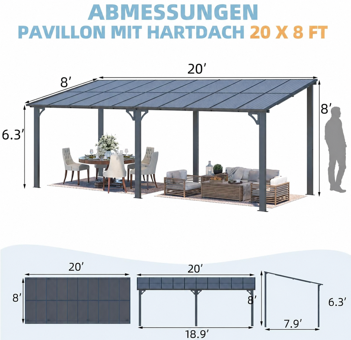 YODOLLA 6 x 2,4 m Terrassenüberdachung für Garten, Schwarz