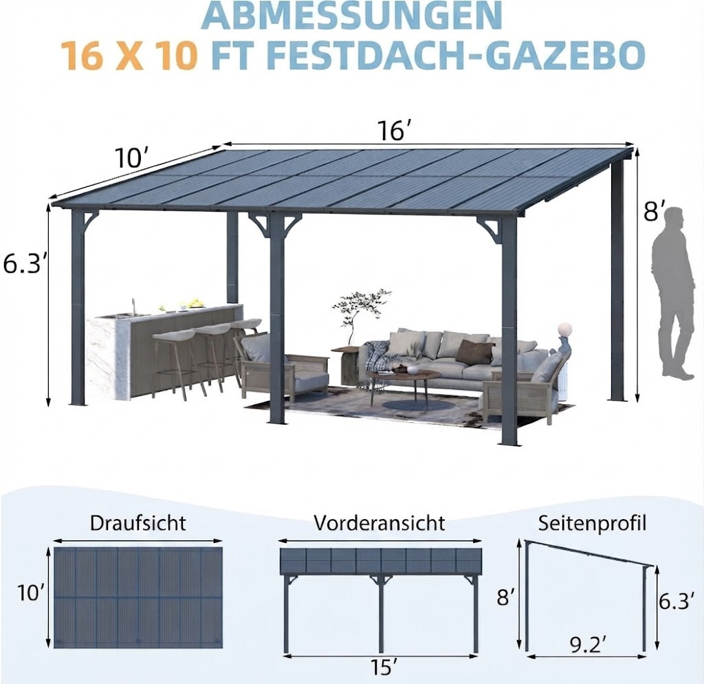 YODOLLA 16' x 10' Gartenpavillon (Pergola) für den Außenbereich, Dunkelgrau