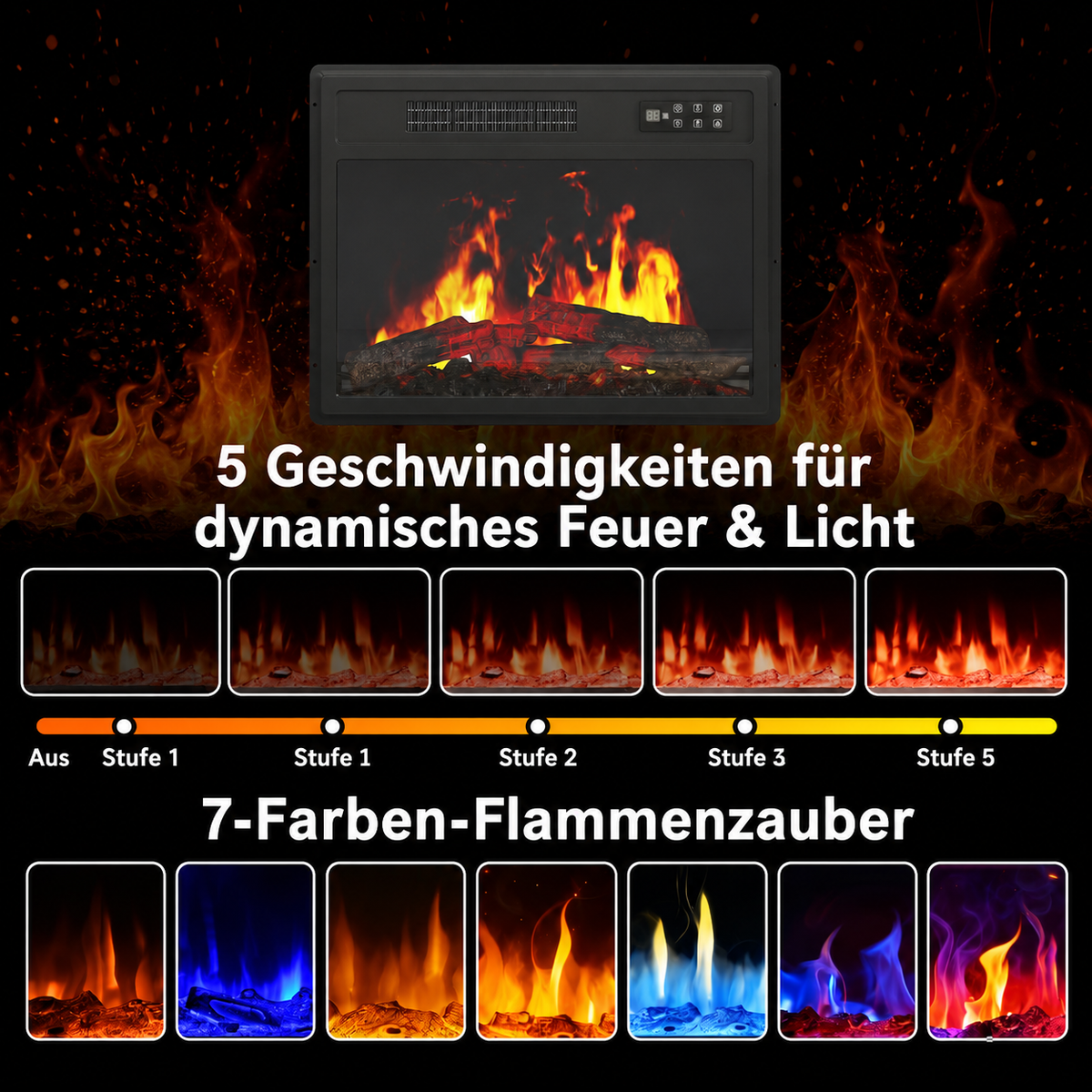 YODOLLA Elektrischer Kamin, 58 cm / 23″ Kamin-Heizgerät mit Fernbedienung, Schwarz