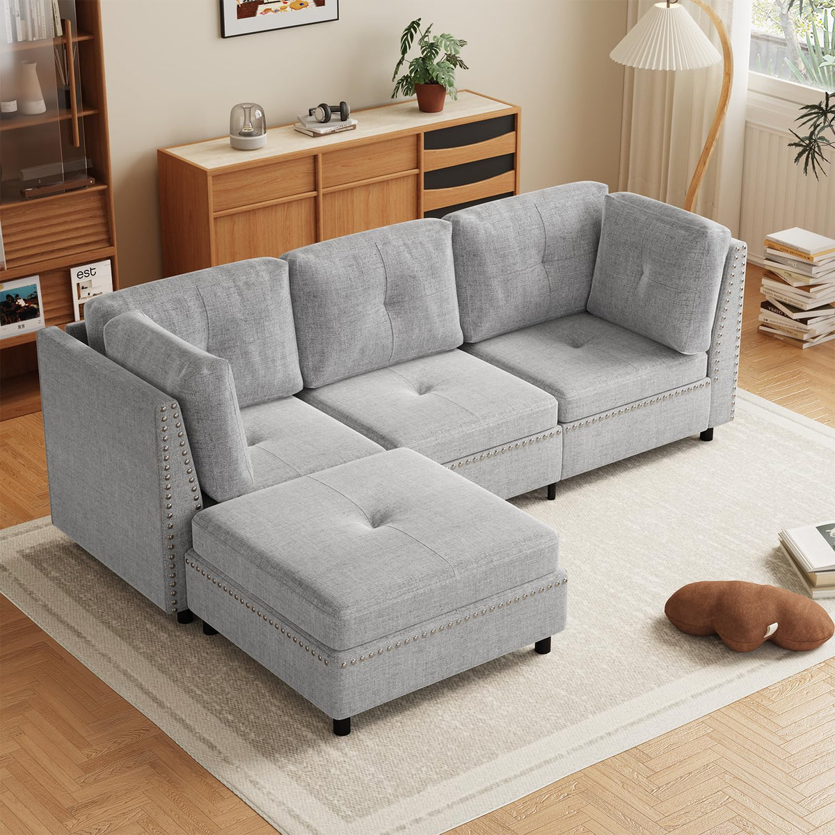 YODOLLA Ecksofa 225 cm L-förmiges Sofa mit verschiebbarem Hocker, Grau
