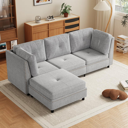YODOLLA Ecksofa 225 cm L-förmiges Sofa mit verschiebbarem Hocker, Grau