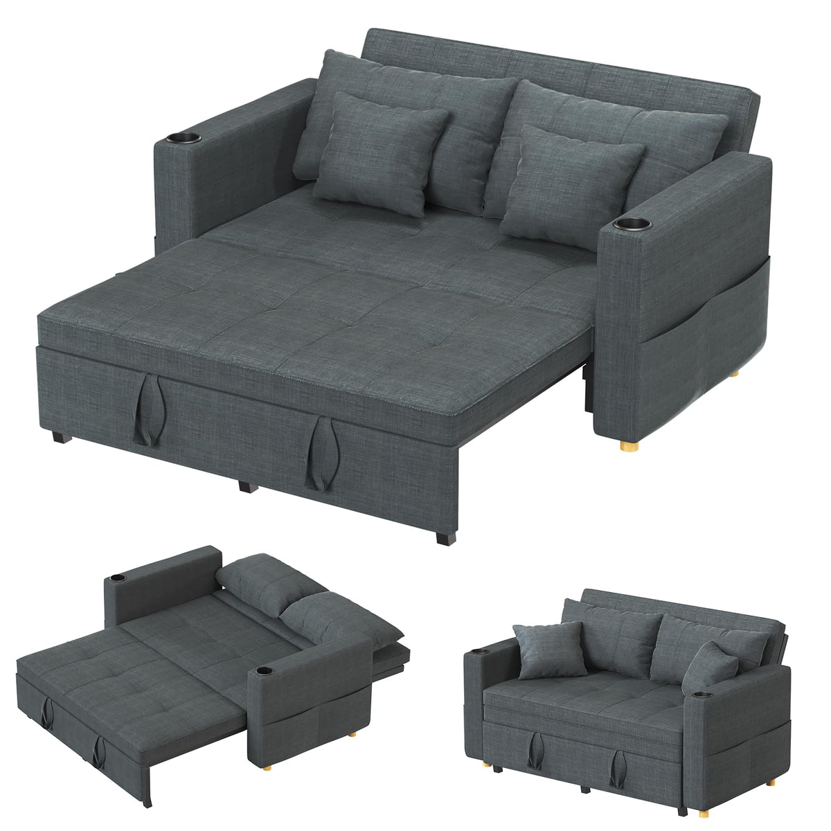 YODOLLA 3-in-1 Schlafsofa 160cm, 2-Sitzer Sofa, Dunkelgrau