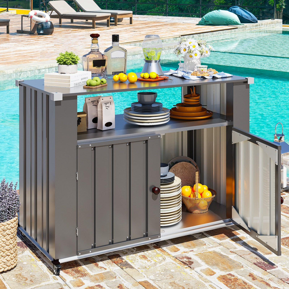 YODOLLA Grillwagen, Wetterfester Grilltisch mit Stauraumschrank, Grau