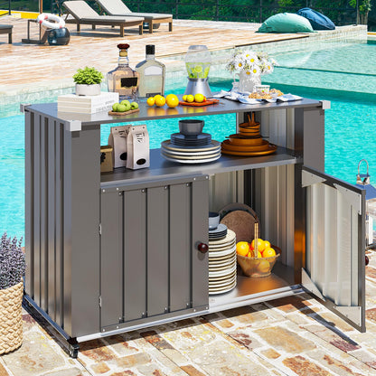 YODOLLA Grillwagen, Wetterfester Grilltisch mit Stauraumschrank, Grau