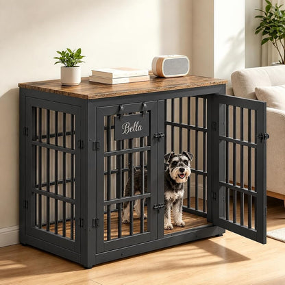 YODOLLA 83cm Hundekäfig Möbel, Hundebox mit Namensschild, 2 Türen, Braun