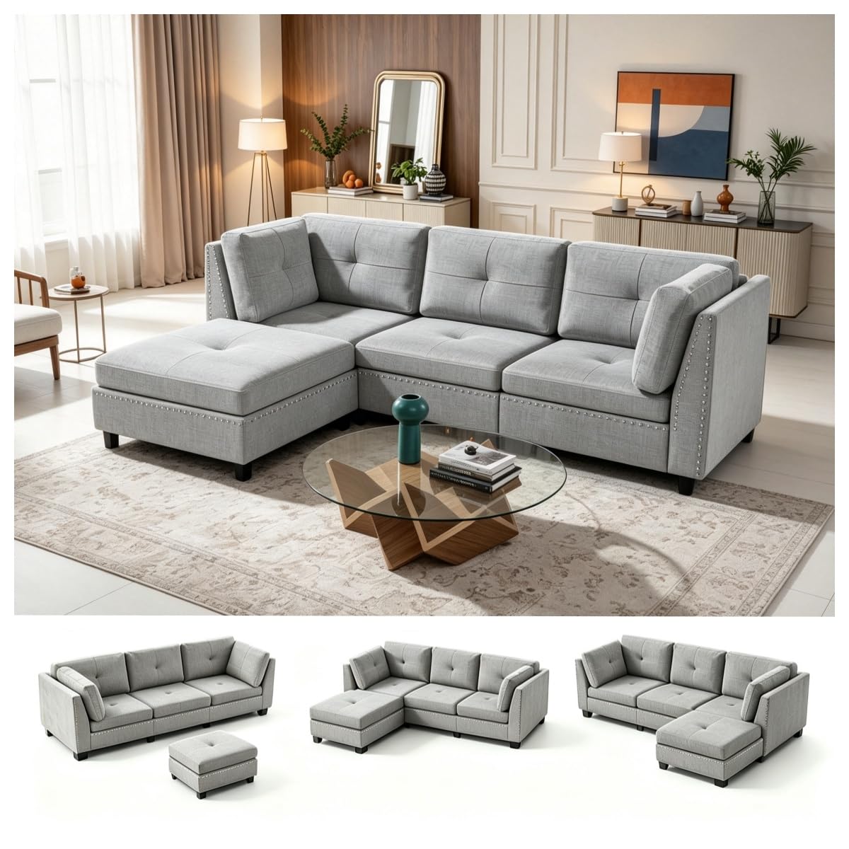 YODOLLA Ecksofa 225 cm L-förmiges Sofa mit verschiebbarem Hocker, Grau