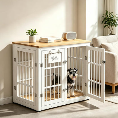YODOLLA 83cm Hundekäfig Möbel, Hundebox mit Namensschild, 2 Türen, Weiß