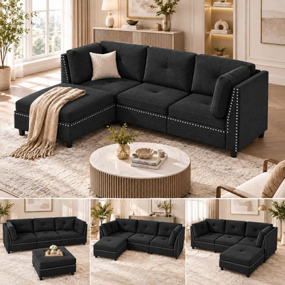 YODOLLA Ecksofa 225cm, L-Form Sofa mit Beweglichem Hocker, Schwarz
