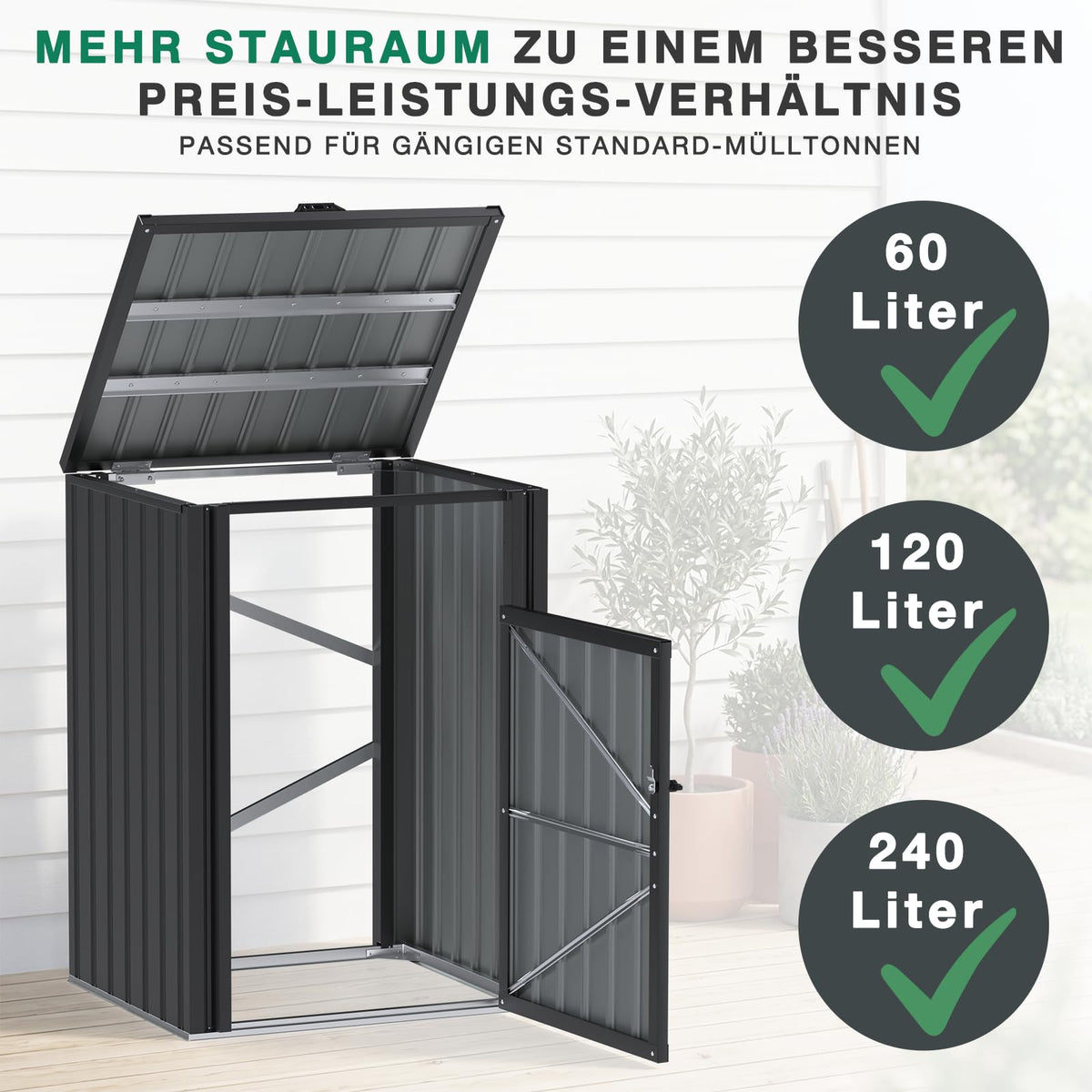 YODOLLA Mülltonnenbox für 240-Liter-Mülltonnen, Stahl-Mülltonnenabdeckung, Grau