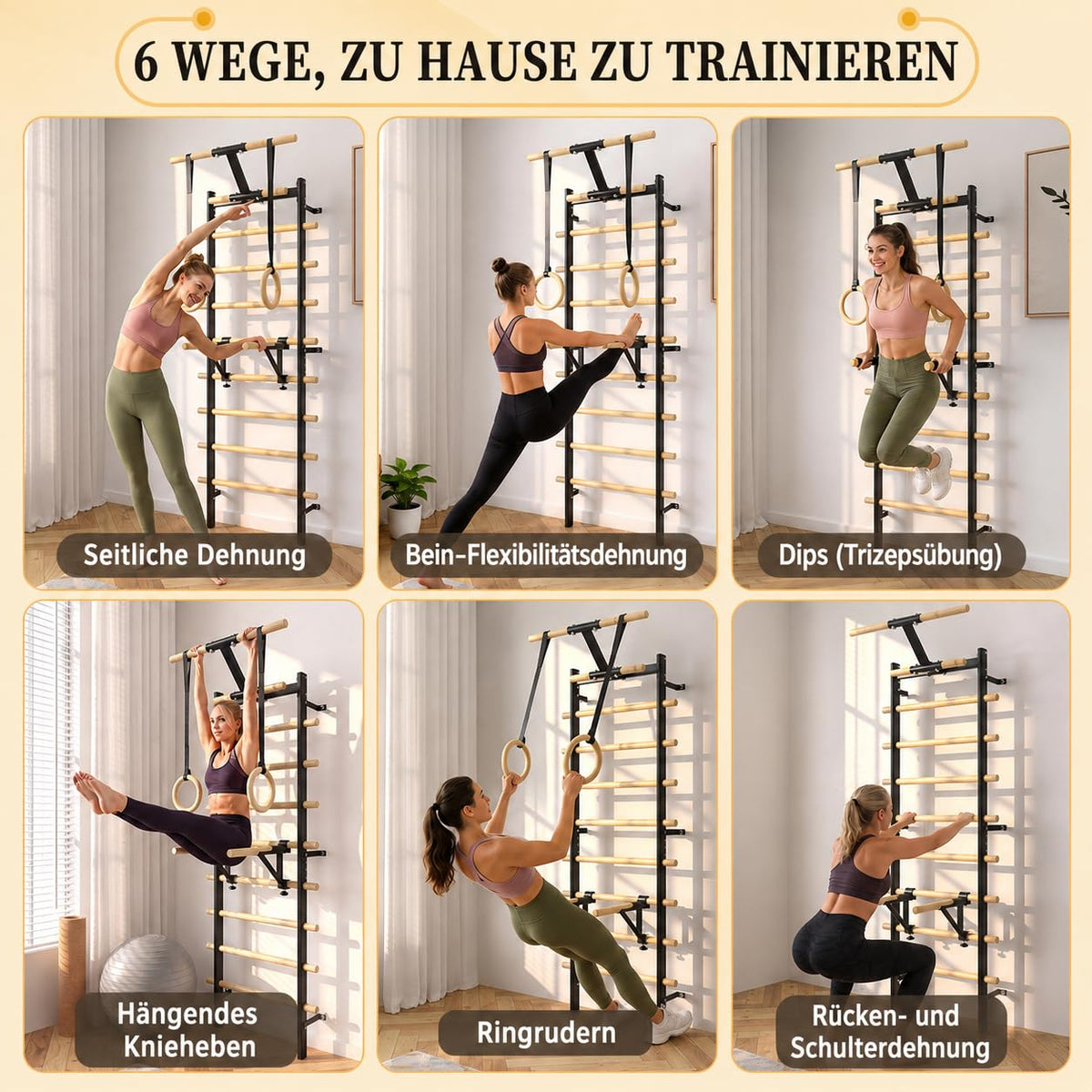 YODOLLA Sprossenwand mit Klimmzugstange, Dip-Barren & Turnringen, 213cm