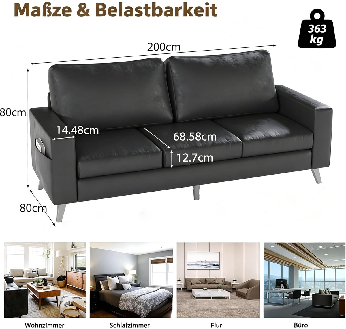 YODOLLA 3-Sitzer-Schlafsofa aus Kunstleder, 200 cm breit, schwarz