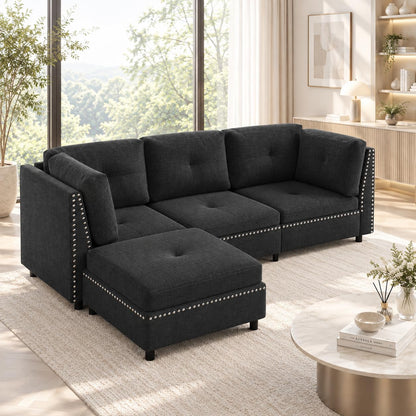 YODOLLA Ecksofa 225cm, L-Form Sofa mit Beweglichem Hocker, Schwarz