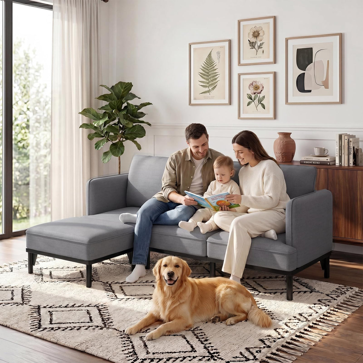 YODOLLA Ecksofa, L-förmiges Modulsofa, 3-Sitzer mit Ottomane, grau