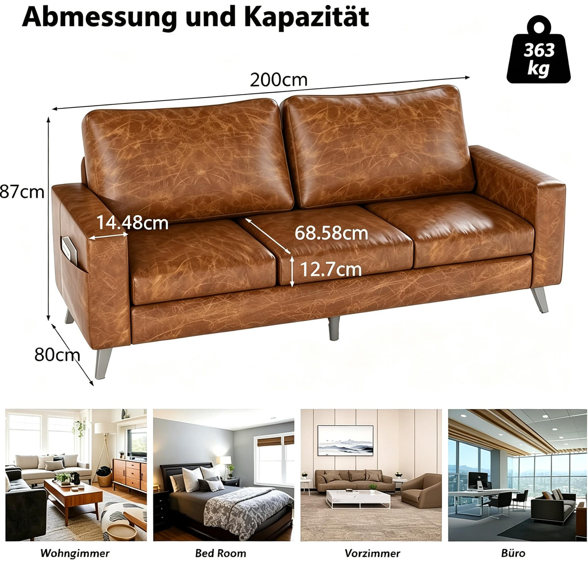 YODOLLA 3-Sitzer-Schlafsofa aus Kunstleder, 200 cm breit, braun