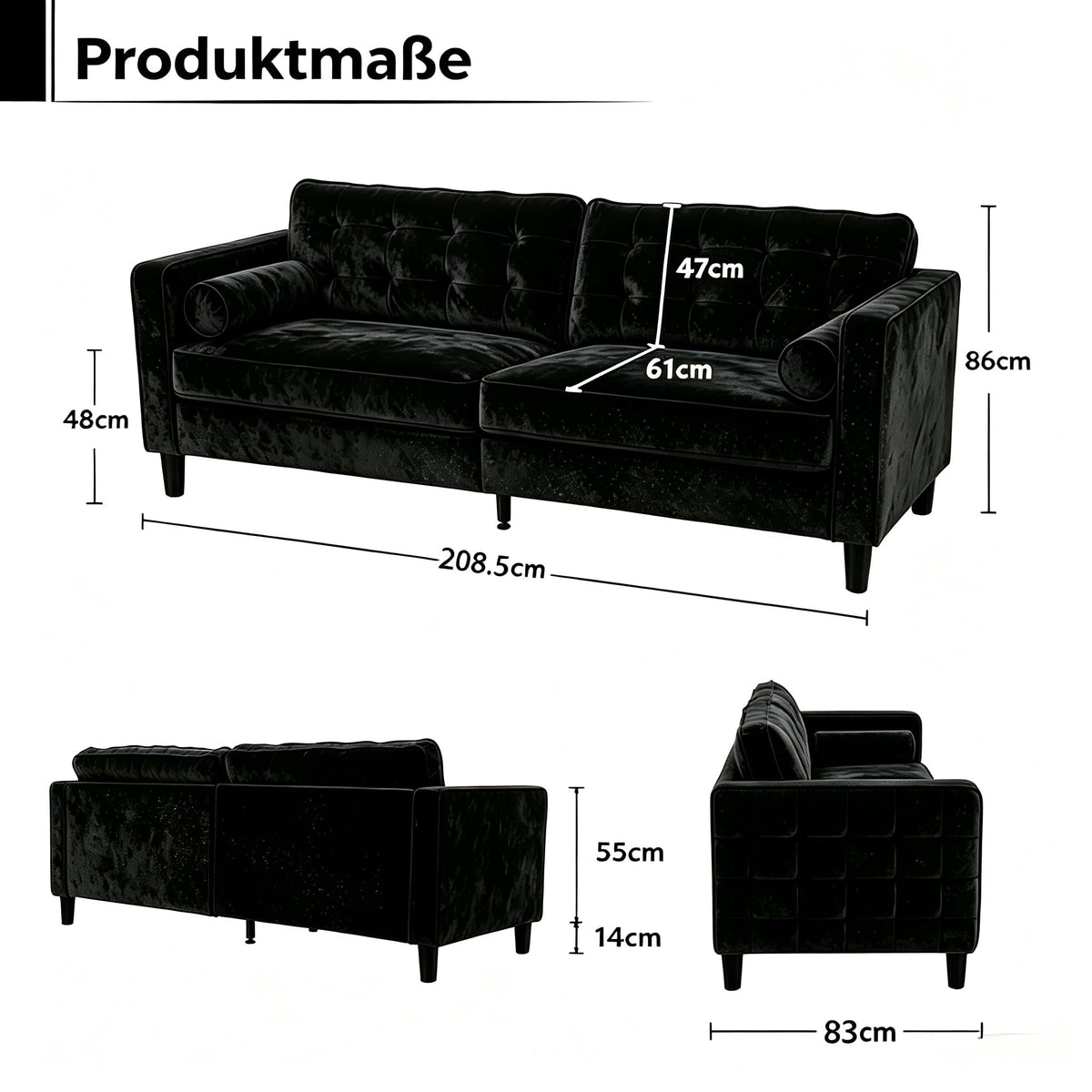 YODOLLA Sofa 3 Sitzer 208cm Schlafsofa Couch, Schwarz
