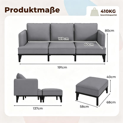 YODOLLA Ecksofa, L-förmiges Modulsofa, 3-Sitzer mit Ottomane, grau