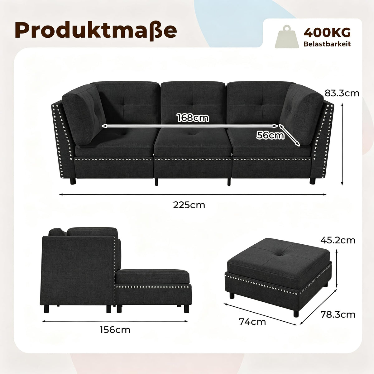 YODOLLA Ecksofa 225cm, L-Form Sofa mit Beweglichem Hocker, Schwarz
