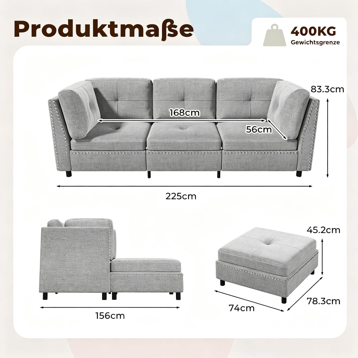 YODOLLA Ecksofa 225 cm L-förmiges Sofa mit verschiebbarem Hocker, Grau