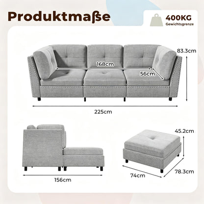 YODOLLA Ecksofa 225 cm L-förmiges Sofa mit verschiebbarem Hocker, Grau