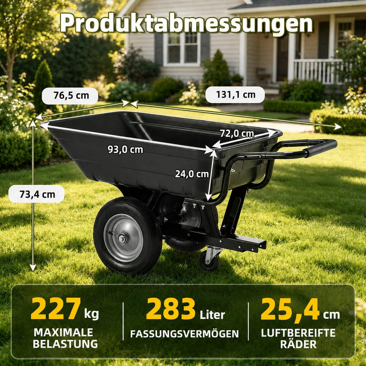 YODOLLA 2-in-1 Schubkarre XXL für Rasentraktor mit 2-Rad, 204kg Tragkraft