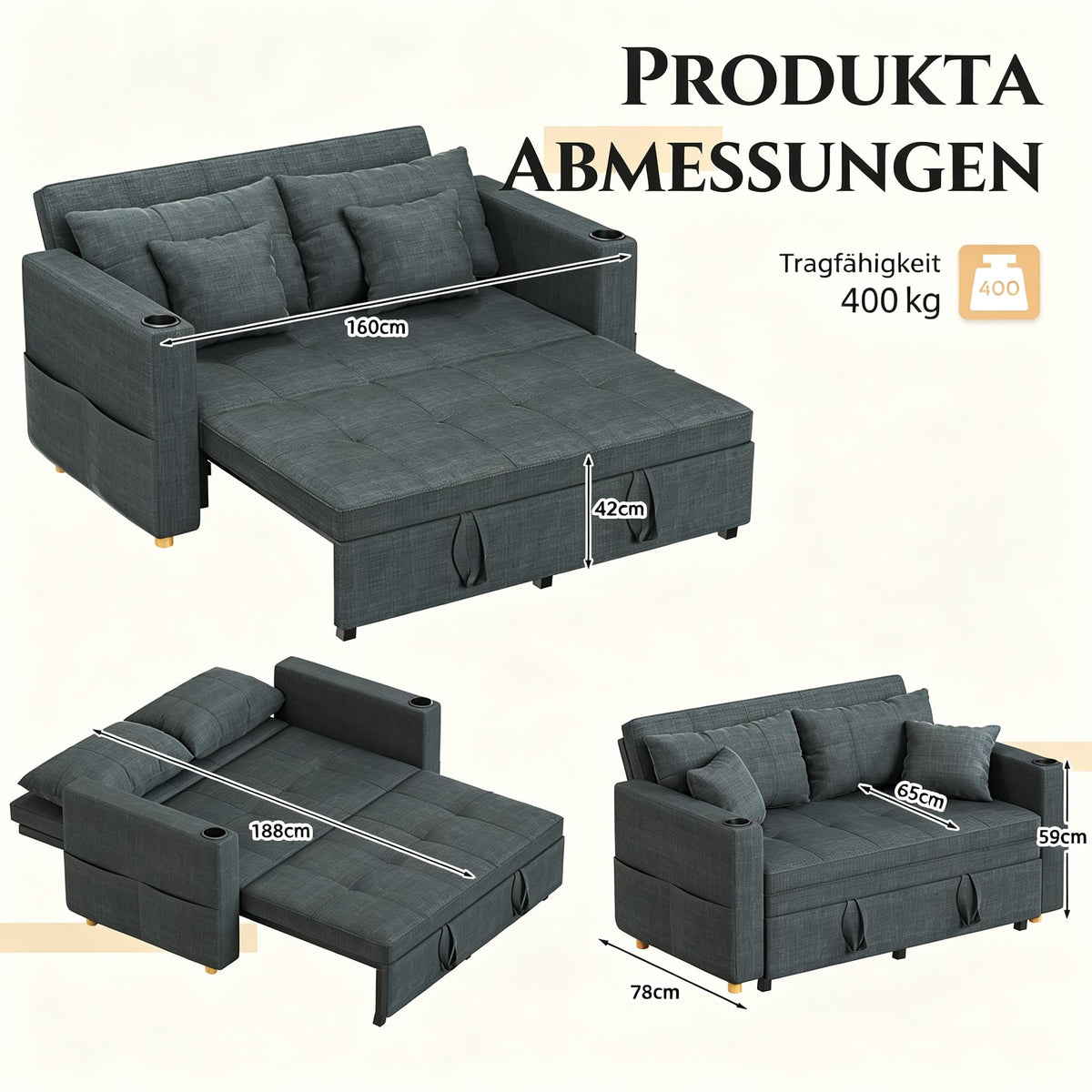 YODOLLA 3-in-1 Schlafsofa 160cm, 2-Sitzer Sofa, Dunkelgrau