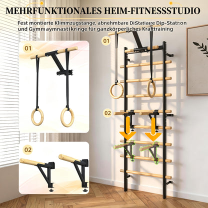 YODOLLA Sprossenwand mit Klimmzugstange, Dip-Barren & Turnringen, 213cm